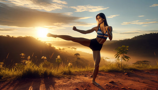 Woman practicing her kicks in the desert